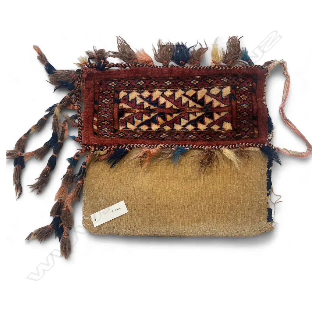 Bag – wool, - Beluch - red ground - white central panel with tree of life pattern – tassled. 46 x 21.5cm Image 1++